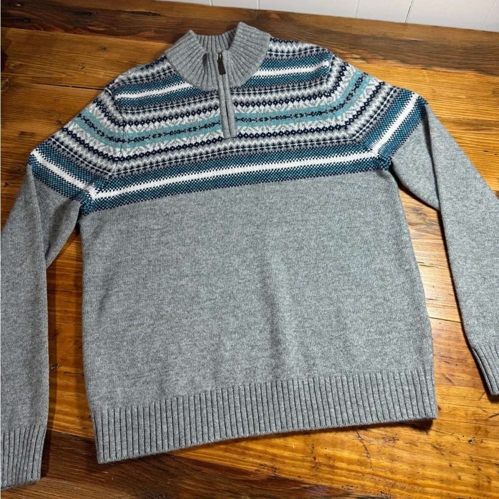 Lands End Men’s Fair Isle Quarter Zip Gray, blue, cotton wool blend Size M 38-40